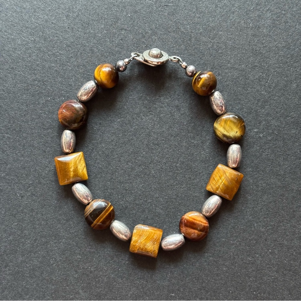 Tiger’s Eye Silver Beaded Bracelet | Ball Hitch Closure | 6.25 IN - Picture 4 of 7